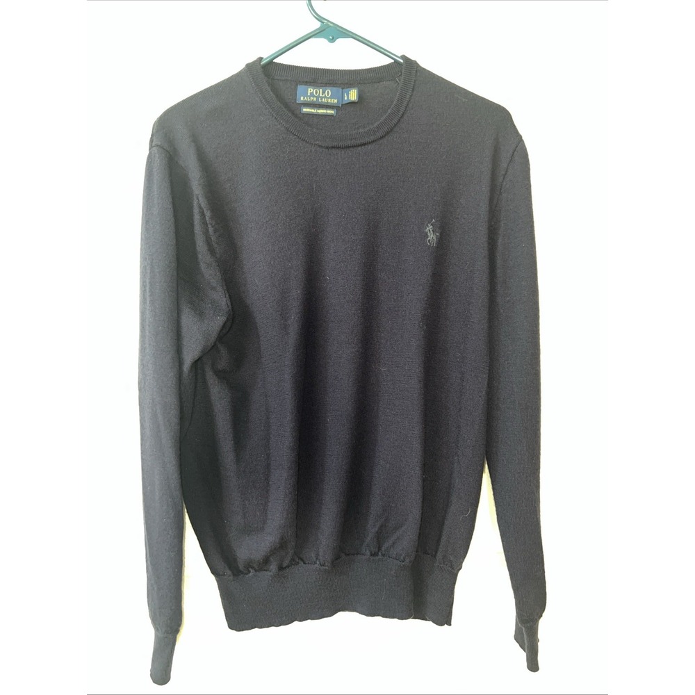 Polo Ralph Lauren Mens Large Washable Merino Wool Crewneck Sweater Navy Blue‎